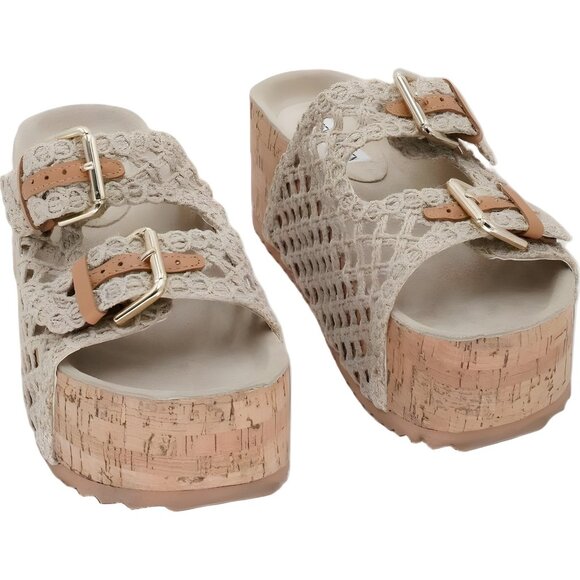 Steve Madden Kali Macrame Platform Sandals Taupe Double Buckle US 8M - Picture 1 of 6